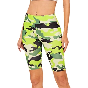 Women high waist yoga biker shorts with neon green camouflage print for sports