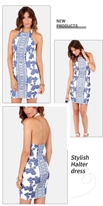Detail view of backless halter dress featuring blue and white floral porcelain patterns