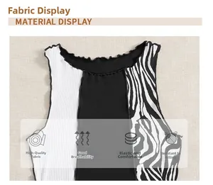 Close-up of tricolor vertical patchwork knit top with zebra print and ruffled hem edge