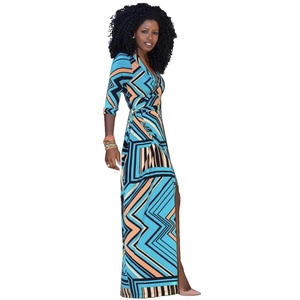 Slim fit V-neck maxi dress with geometric print and side slit for women in summer