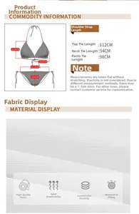 Detailed size chart for white three-piece bikini with mesh skirt and fabric texture view