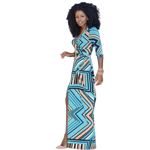 Summer V-neck wrap maxi dress with geometric stripes and side slit for women