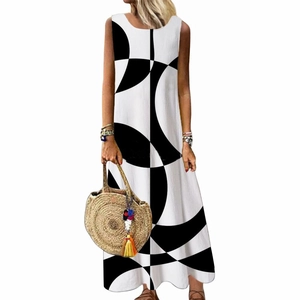Robe longue d'été sans manches pour femmes avec imprimé géométrique noir et blanc audacieux