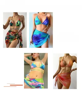 Detailed color display of sexy bikini sets with tropical and geometric patterns