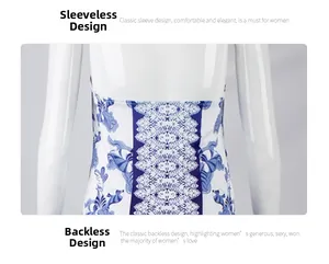 Detail of the backless design and blue floral print on the slim fit halter dress