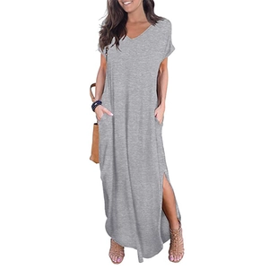 Grey V-neck short sleeve maxi dress with side slits and pockets in a relaxed fit