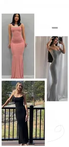Detail view of pink, gray, and black bodycon maxi dresses with slim straps and fishtail hem