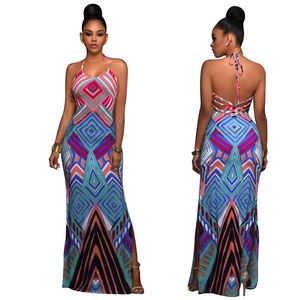 Damen Neckholder Rückenfrei Geometrischer Druck Maxi Kleid Sexy Sommer Seitenschlitz Kreuzbandage Bodycon Lang Abend Party Kleid