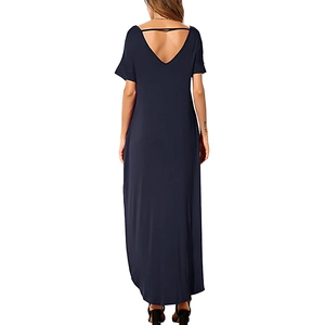 Women's loose short sleeve V-neck split maxi dress in navy blue casual summer style