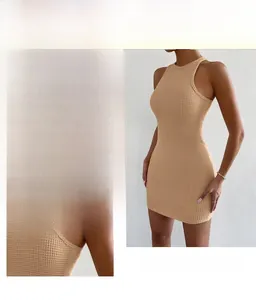 Detailed waffle texture of a beige sleeveless bodycon knit mini dress for women
