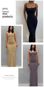 Detail of slim-fit spaghetti strap long dress in black, khaki, and smoke grey colors