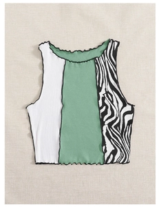 Close-up of color block ribbed knit crop top with stripes and ruffle lettuce edge trim