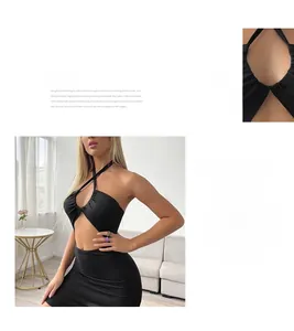 Detail of black cutout halter dress with U-shaped cross straps and slim fit design