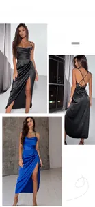 Details der überkreuzten Träger und des hohen Seitenschlitzes am Satin-Abendkleid