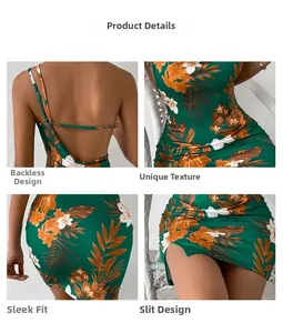 Detail view of backless tropical floral print dress with side slit and slim fit design