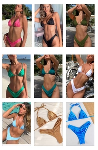 Collage de maillots de bain deux pièces montrant diverses couleurs et textures