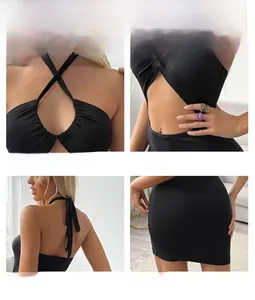 Detailed views of black ribbed halter dress featuring U-shaped straps and waist cutouts