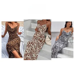 Three cowl neck cami dresses featuring leopard and zebra prints in a summer beach setting