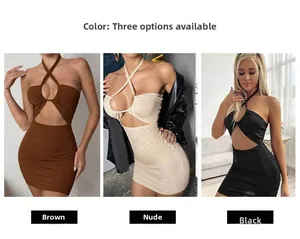 Three-color display of sexy cutout halter mini dresses in brown, nude, and black tones