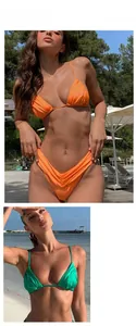 Présentation détaillée des ensembles bikini orange et vert à taille haute pour plage