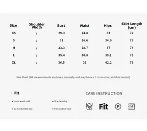 Size chart for backless knit dress with measurements from XS to XL and care instructions
