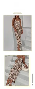 Detail of a zebra print backless maxi dress with a slim fit and V-neckline style