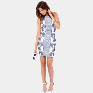 Chic halter neck mini dress with blue floral print on white, slim fit summer style