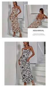 Detail showing backless zebra print maxi dress with crisscross tie-up straps design
