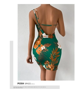 Detailed back view of sexy backless mini dress with floral print and slim fit cut