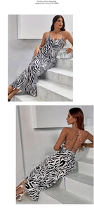 Detail of cross-back straps and zebra print pattern on a backless maxi dress
