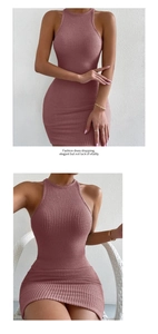 Detail of mauve waffle knit fabric on sleeveless bodycon mini dress with racer neck