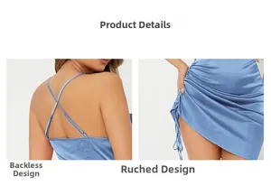 Dettagli del design schiena scoperta con lacci incrociati e arricciatura su abito in raso