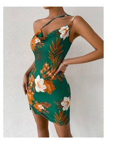 Detail of the cowl neck design and tropical floral pattern on this slim summer dress