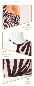 Detail van zebraprint stof met ronde hals, blote schouder en dubbele stikselafwerking