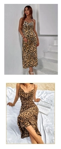 Detail of satin leopard print backless slip dress with cowl neck and slim fit silhouette