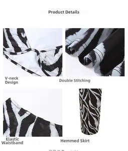 Détails de l'ensemble zébré avec col en V, taille élastique et doubles surpiqûres