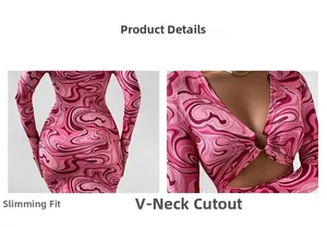 Vue détaillée d'une robe moulante rose à motif psychédélique et décolleté plongeant