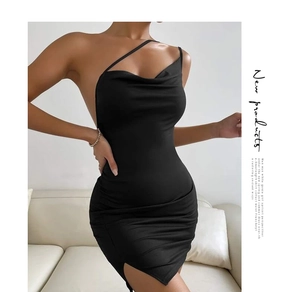 Detail of black slim fit mini dress featuring cowl neck and open back design