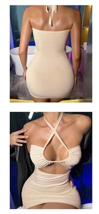 Detail of cross halter neck and cutout design on beige bodycon ribbed mini dress