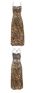 Detailed view of the backless leopard print midi dress with lace-up crisscross straps