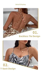 Detail of zebra print dress featuring cross back lace-up design and bandeau neckline
