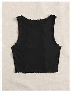 Detailed view of black ribbed knit crop top featuring delicate lettuce edge trim finish