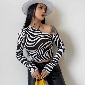 Off-Shoulder Zebra Hart Print Crop Top Slim Fit Lange Mouwen Sexy T-Shirt Y2K Mode Streetwear Vrouwen Kleding