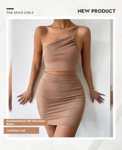 Detail of khaki ribbed knit one-shoulder dress with sexy waist hollow out design