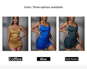 Détails des mini-robes en satin ajustées en couleurs café, bleu roi et vert foncé chic