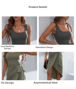 Détails de la robe mi-longue sans manches à col carré avec taille nouée et ourlet irrégulier