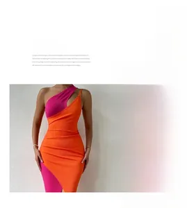 Detail of rib-knit texture on a sexy one-shoulder contrast color bodycon dress