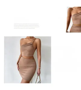 Detail of tan ribbed knit two-piece set featuring asymmetrical one-shoulder crop top