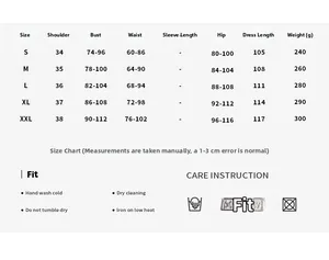 Detailed size chart for solid color slit dress with measurements from size S to XXL