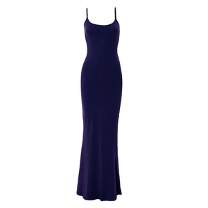 Slim fit deep purple knitted camisole maxi dress with elegant spaghetti straps